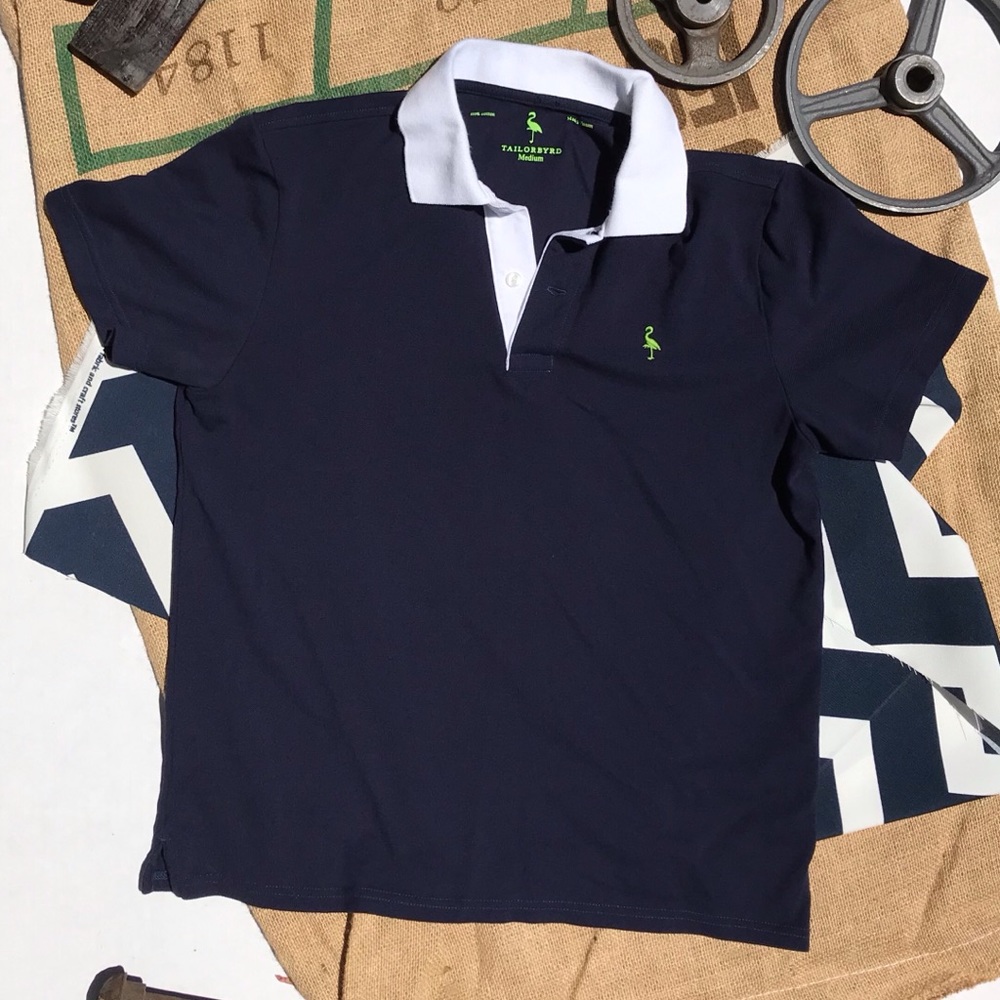Tailorbyd Polo Size Medium Mens Navy with White Collar and Green Accent